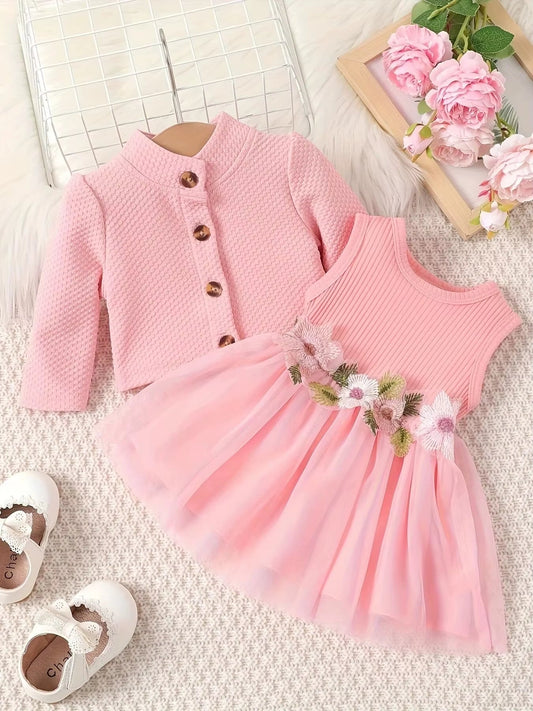0-2 Year Old Spring and Autumn New Girl Baby Girl Waist Flower Design Tank Top Spliced Mesh Dressjacket